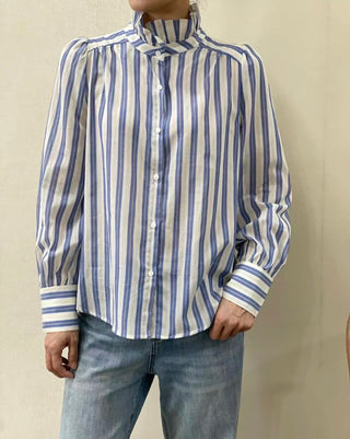Alice Fine Cotton Stripe Blouse with Ruffle Collar - Blue/Off White