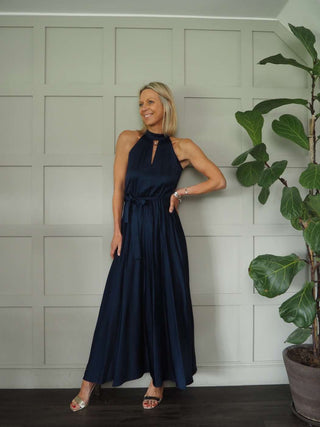 Delilah Satin Feel, Halter Neck Maxi Dress - Camel, Champagne