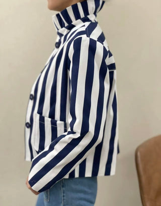 Rye Stripe Cotton Jacket with Pleated Collar - Navy/White