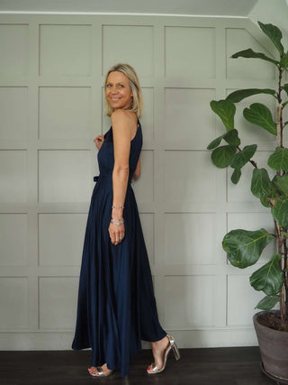 Delilah Satin Feel, Halter Neck Maxi Dress - Camel, Champagne