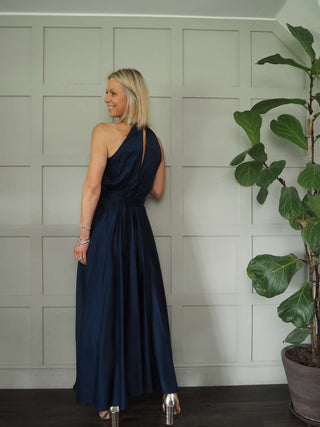 Delilah Satin Feel, Halter Neck Maxi Dress - Camel, Champagne