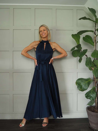 Delilah Satin Feel, Halter Neck Maxi Dress - Camel, Champagne