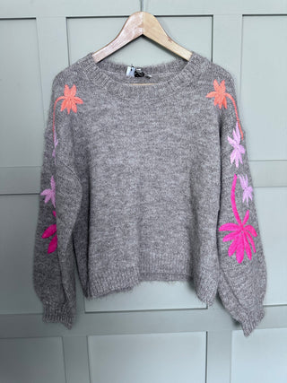 Percy Embroidered Palm Jumper - Stone/Orange/Pink