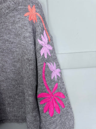 Percy Embroidered Palm Jumper - Stone/Orange/Pink