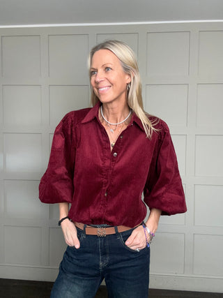 Nessy Corduroy Shirt with Cropped Balloon Sleeves - Burgundy, Ecru, Khaki, Navy Blue