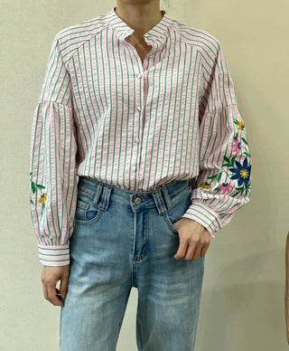 Rose Stripe Blouse with Embroidered Flowers - Pink/Green