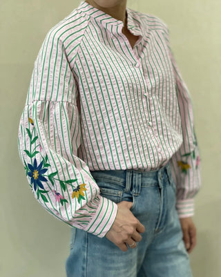 Rose Stripe Blouse with Embroidered Flowers - Pink/Green