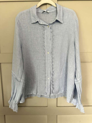 Towerby Long Sleeve Linen Blouse with Lace Detail - Bubblegum Pink, Navy Blue, Sky Blue, Stone and White