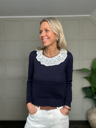 Chrissy Jumper with Broderie Anglaise Collar  - Navy Blue