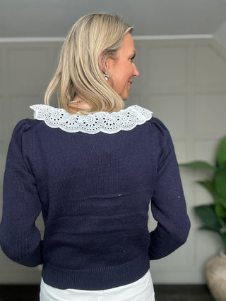 Chrissy Jumper with Broderie Anglaise Collar  - Navy Blue