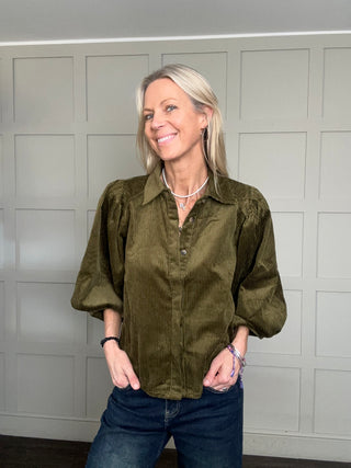 Nessy Corduroy Shirt with Cropped Balloon Sleeves - Burgundy, Ecru, Khaki, Navy Blue