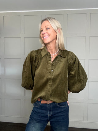Nessy Corduroy Shirt with Cropped Balloon Sleeves - Burgundy, Ecru, Khaki, Navy Blue