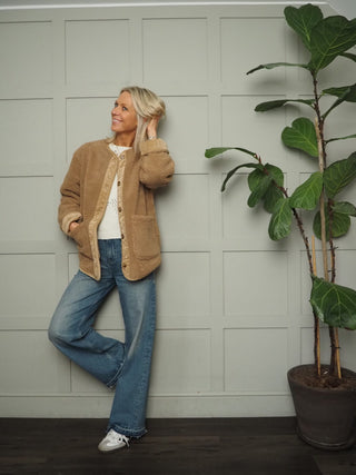 Bycotty 'Teddy' Collarless Round Neck Jacket with Cord Details by BYoung - Camel