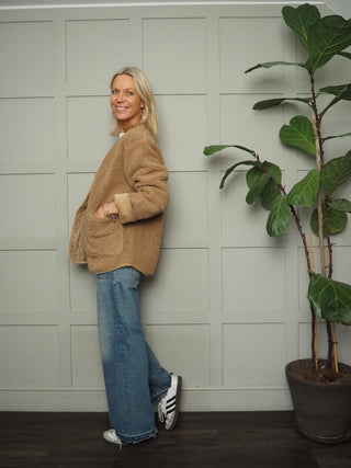 Bycotty 'Teddy' Collarless Round Neck Jacket with Cord Details by BYoung - Camel