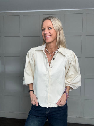 Nessy Corduroy Shirt with Cropped Balloon Sleeves - Burgundy, Ecru, Khaki, Navy Blue