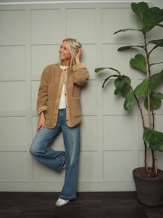 Bycotty 'Teddy' Collarless Round Neck Jacket with Cord Details by BYoung - Camel