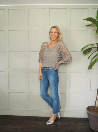 Jabriella Crochet Top with Scoop Neck and Cropped Sleeves - Black, Mushroom, Pink, White, Yellow