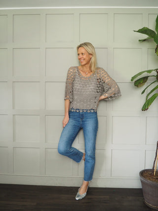 Jabriella Crochet Top with Scoop Neck and Cropped Sleeves - Black, Mushroom, Pink, White, Yellow