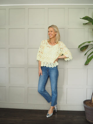 Jabriella Crochet Top with Scoop Neck and Cropped Sleeves - Black, Mushroom, Pink, White, Yellow