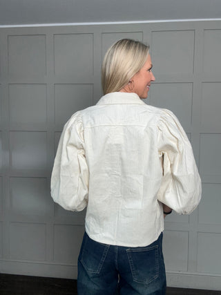 Nessy Corduroy Shirt with Cropped Balloon Sleeves - Burgundy, Ecru, Khaki, Navy Blue