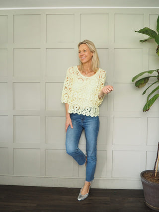 Jabriella Crochet Top with Scoop Neck and Cropped Sleeves - Black, Mushroom, Pink, White, Yellow