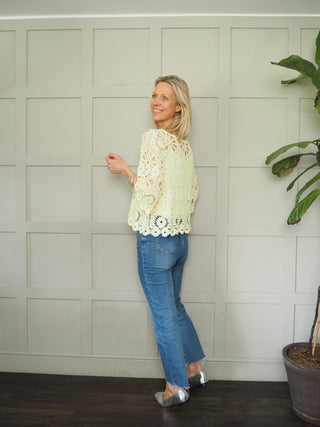 Jabriella Crochet Top with Scoop Neck and Cropped Sleeves - Black, Mushroom, Pink, White, Yellow