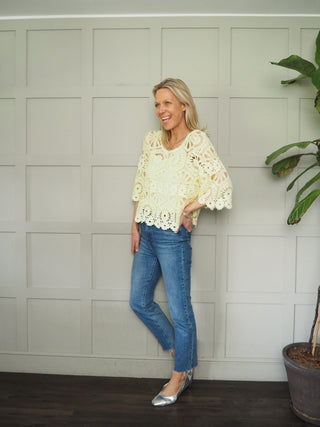 Jabriella Crochet Top with Scoop Neck and Cropped Sleeves - Black, Mushroom, Pink, White, Yellow