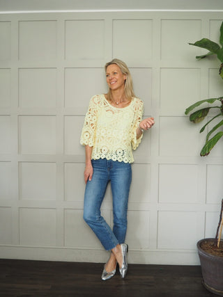 Jabriella Crochet Top with Scoop Neck and Cropped Sleeves - Black, Mushroom, Pink, White, Yellow