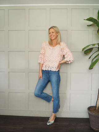 Jabriella Crochet Top with Scoop Neck and Cropped Sleeves - Black, Mushroom, Pink, White, Yellow