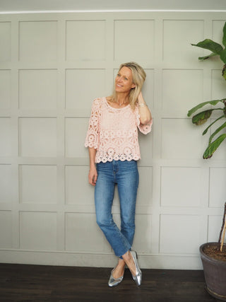 Jabriella Crochet Top with Scoop Neck and Cropped Sleeves - Black, Mushroom, Pink, White, Yellow