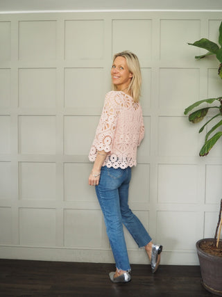 Jabriella Crochet Top with Scoop Neck and Cropped Sleeves - Black, Mushroom, Pink, White, Yellow