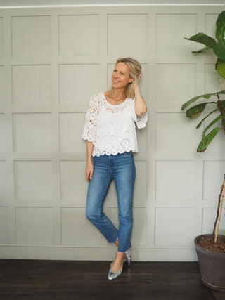 Jabriella Crochet Top with Scoop Neck and Cropped Sleeves - Black, Mushroom, Pink, White, Yellow