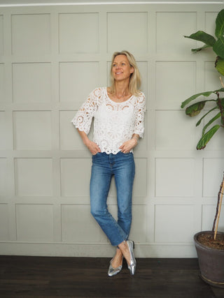 Jabriella Crochet Top with Scoop Neck and Cropped Sleeves - Black, Mushroom, Pink, White, Yellow