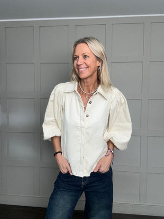 Nessy Corduroy Shirt with Cropped Balloon Sleeves - Burgundy, Ecru, Khaki, Navy Blue