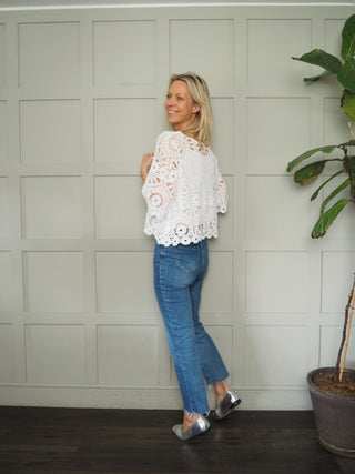 Jabriella Crochet Top with Scoop Neck and Cropped Sleeves - Black, Mushroom, Pink, White, Yellow