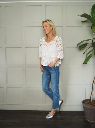 Jabriella Crochet Top with Scoop Neck and Cropped Sleeves - Black, Mushroom, Pink, White, Yellow