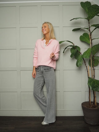 Tamara Long Sleeve Wool Mix V Neck Jumper with Broderie Anglaise Detail - Chocolate, Denim Blue, Mint Green