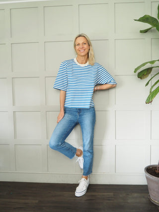 Betsy Sweatshirt with Short Sleeves by mByM- Blue/Off White Stripe