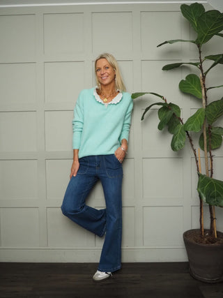 Tamara Long Sleeve Wool Mix V Neck Jumper with Broderie Anglaise Detail - Chocolate, Denim Blue, Mint Green