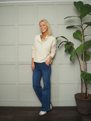 Tamara Long Sleeve Wool Mix V Neck Jumper with Broderie Anglaise Detail - Chocolate, Denim Blue, Mint Green