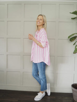Brighton Cheesecloth Striped Blouse - Blue, Neon Pink, Neon Yellow