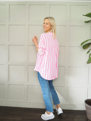 Brighton Cheesecloth Striped Blouse - Blue, Neon Pink, Neon Yellow