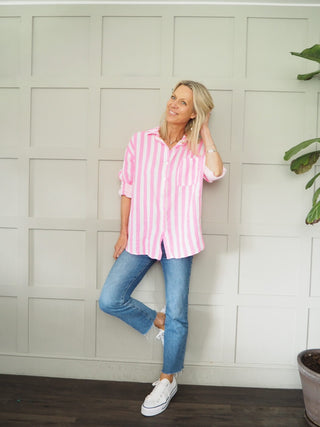 Brighton Cheesecloth Striped Blouse - Blue, Neon Pink, Neon Yellow