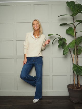 Tamara Long Sleeve Wool Mix V Neck Jumper with Broderie Anglaise Detail - Chocolate, Denim Blue, Mint Green