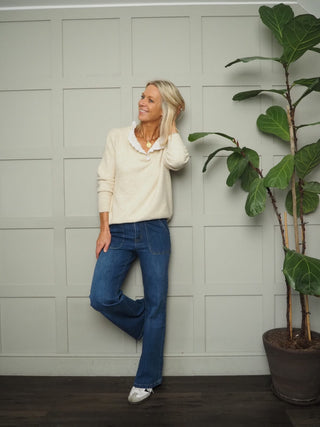 Tamara Long Sleeve Wool Mix V Neck Jumper with Broderie Anglaise Detail - Chocolate, Denim Blue, Mint Green