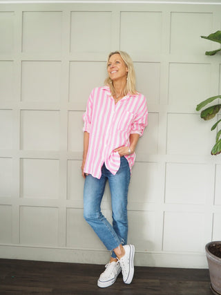 Brighton Cheesecloth Striped Blouse - Blue, Neon Pink, Neon Yellow