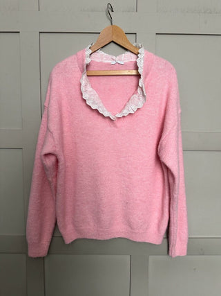 Tamara Long Sleeve Wool Mix V Neck Jumper with Broderie Anglaise Detail - Chocolate, Denim Blue, Mint Green