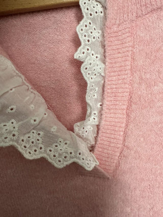 Tamara Long Sleeve Wool Mix V Neck Jumper with Broderie Anglaise Detail - Chocolate, Denim Blue, Mint Green