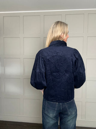 Nessy Corduroy Shirt with Cropped Balloon Sleeves - Burgundy, Ecru, Khaki, Navy Blue