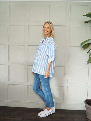 Brighton Cheesecloth Striped Blouse - Blue, Neon Pink, Neon Yellow